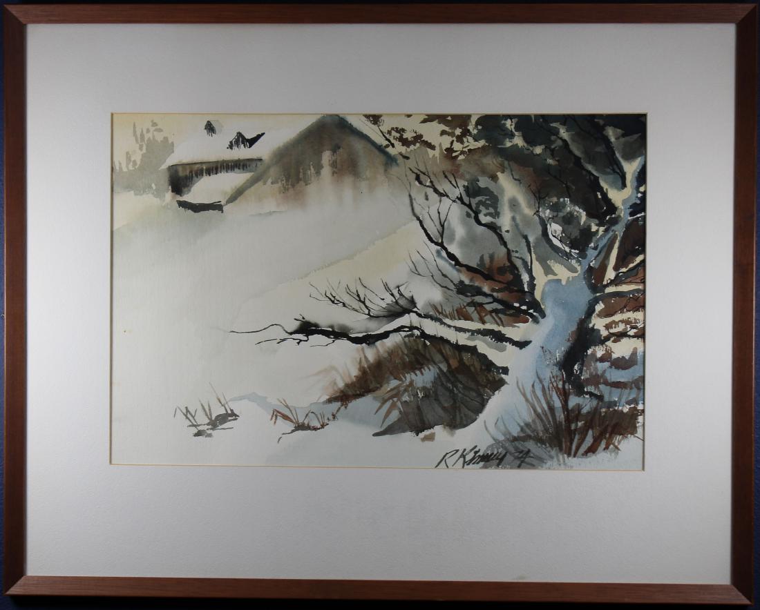 American School, '74 Watercolor of a Landscape: American School, '74 Watercolor of a Landscape of a tree with mountains in the background. Signed and dated ('74) lower middle. Sight Size: 13.5 x 20.5 in. Overall Size: 23 x 29 in. Framed behind glas