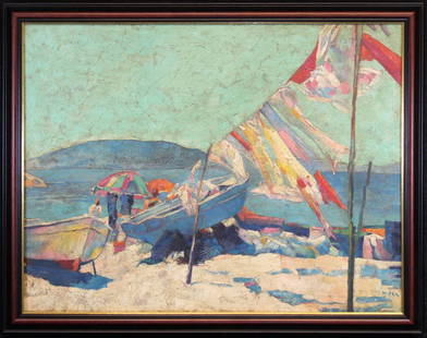 Nicola Simbari (1927 - 2012): Nicola Simbari (Italy, 1927 - 2012) painting of a beach scene, possibly Mykonos. Oil on canvas. Sight size: 20.5 x 27 inches. Signed lower right. Simbari achieved early recognition as an artist, recei