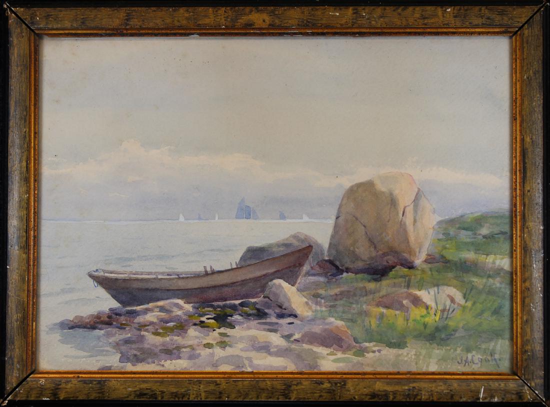 John Cook (Massachusetts 1870 - 1936): John Cook (Massachusetts 1870 - 1936) Watercolor of a coastal scene with a regatta in the background. Signed lower right. Sight size: 9.5 x 13 inches. Cook became a member of the Society of Independen