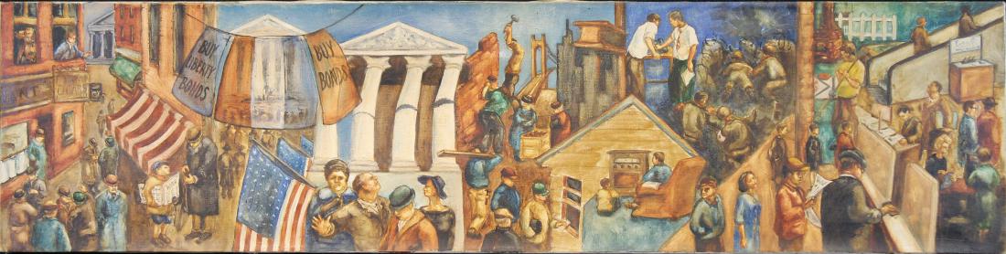 American School, WPA Style WWI Mural Painting: American School, WPA Style WWI Mural Study Painting. Oil on canvas. Appears to be unsigned. Size: 12 x 48 inches.