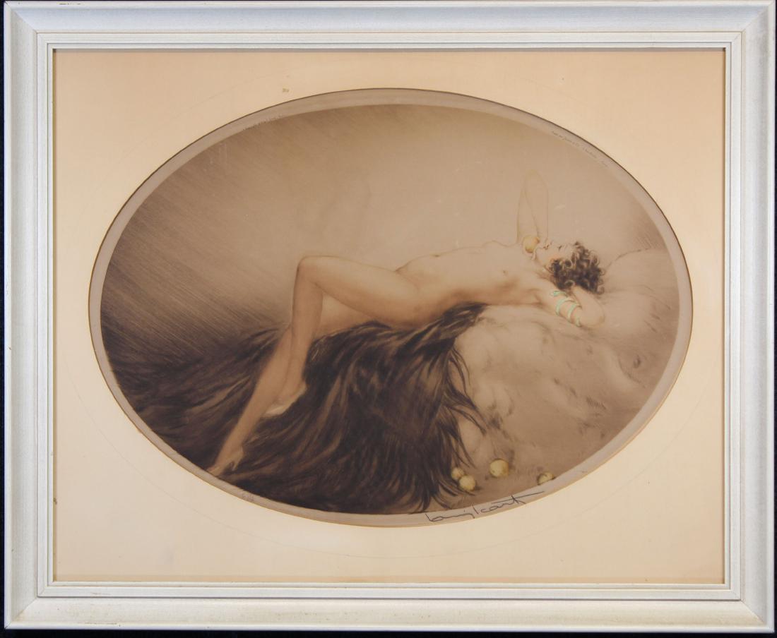Louis Icart (1888 - 1950): Louis Icart (New York / France, 1888 - 1950) Colored etching of a reclining nude female holding a tangerine with a serpent wrapped around her left arm. Pencil signed lower right. Pencil marked E 2/2.