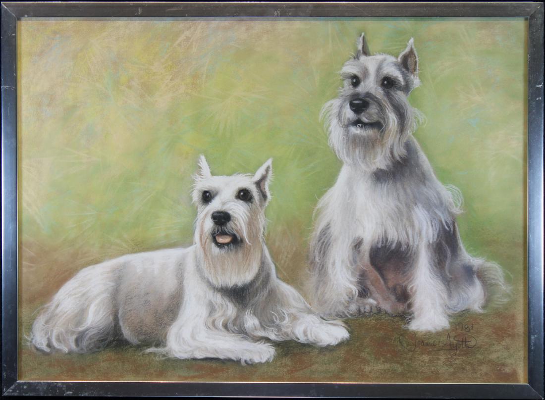 Signed 20th C. Portrait of Scottish Terriers: Signed 20th C. Pastel Portrait of Scottish Terriers. Signed (Joanne Ayotte) and dated (1981) lower right. Sight Size: 17.5 x 24.5 in. Overall Size: 19 x 26 in. Framed behind glass.