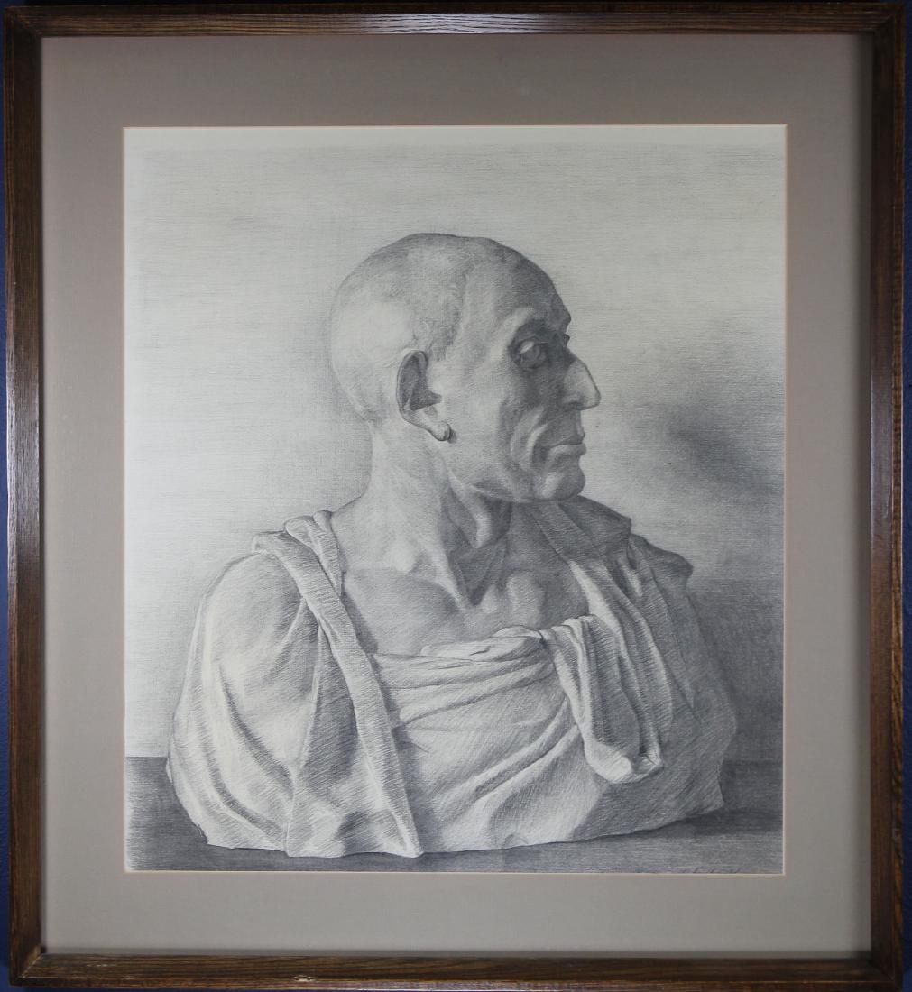 Signed, Pencil Drawing of a Stone Bust of a Man: Signed, Pencil Drawing of a Stone Bust of a Man. Pencil/Paper. Signed lower right behind margin. Sight Size: 21 x 19 in. Overall Size: 28 x 25.5 in. Framed behind glass. Has not been examined out of f
