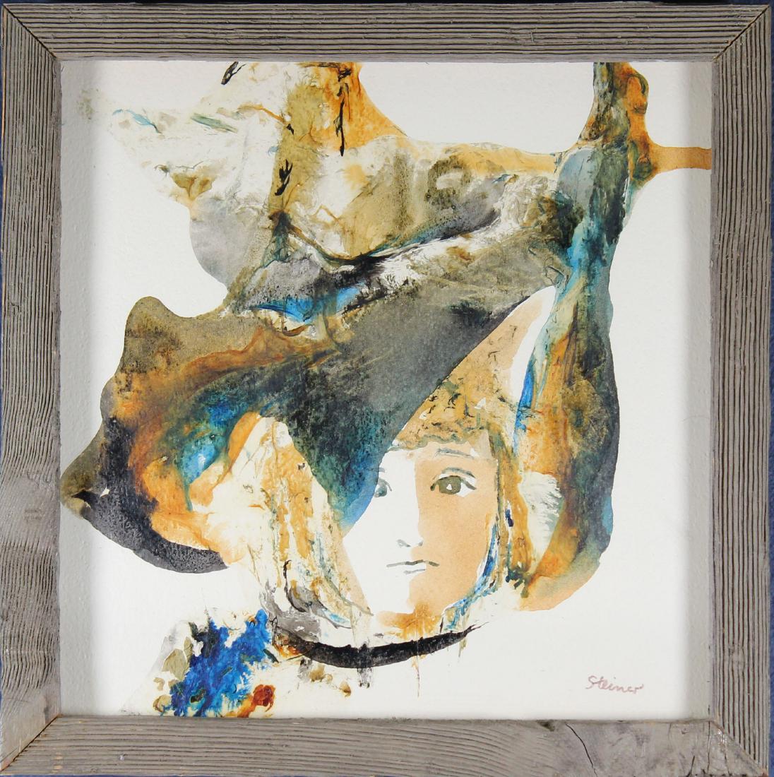 Dorothy Steiner, Watercolor/Ink Collage: Dorothy Steiner, Watercolor/Ink Collage of a figure. With original label verso. Signed lower right. Sight size: 8 x 8 in. Overall Size: 9.5 x 9.5 in. Framed behind glass.