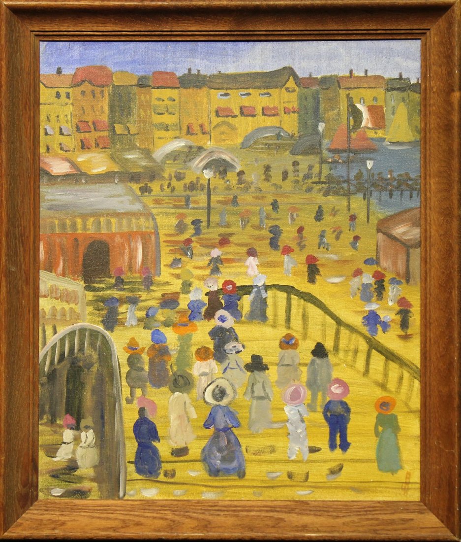 French School, 20th C. Folk Art. Signed: French School, 20th C. Folk Art. Oil on canvas. Faint monogram lower right. Sight size: 23.5 x 19 inches,
