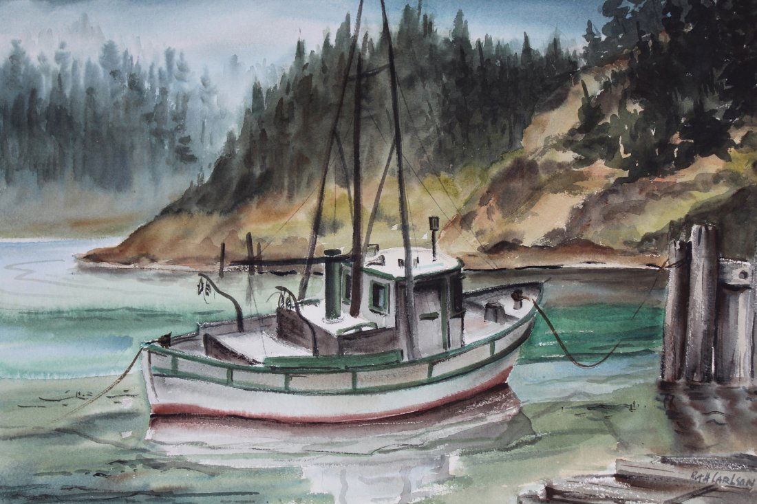 Ruth Carlson (American, 1911 - 1978): Ruth Carlson (American, 1911 - 1978) Watercolor of a docked fishing boat in a lake. Signed lower right. Size: 15 x 22 inches.