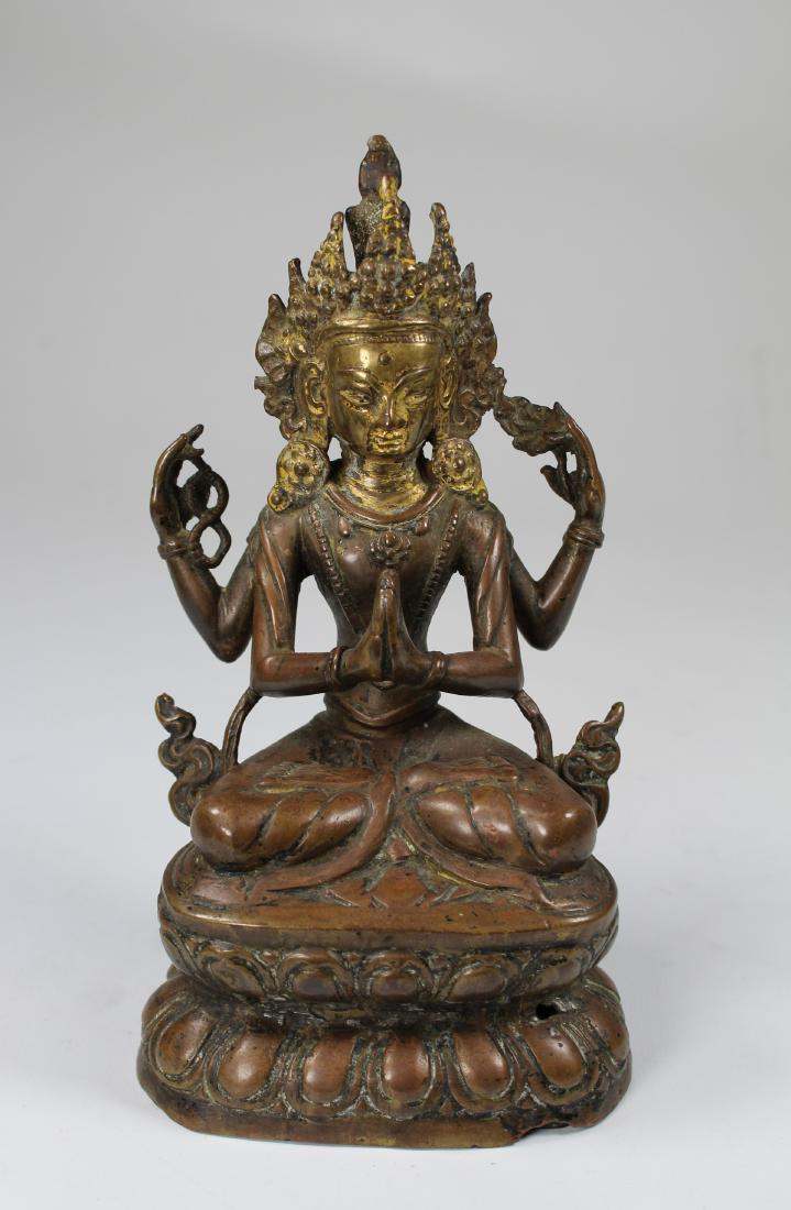 Ming, Tibetan Bronze Seated Avalokitesvara: Ming, Tibetan Bronze Seated Avalokitesvara, the diety who renounces Nirvana until all sentient beings have attained buddhood. He symbolizes infinite compassion (Karuna). He is called "Chengresic in Ti