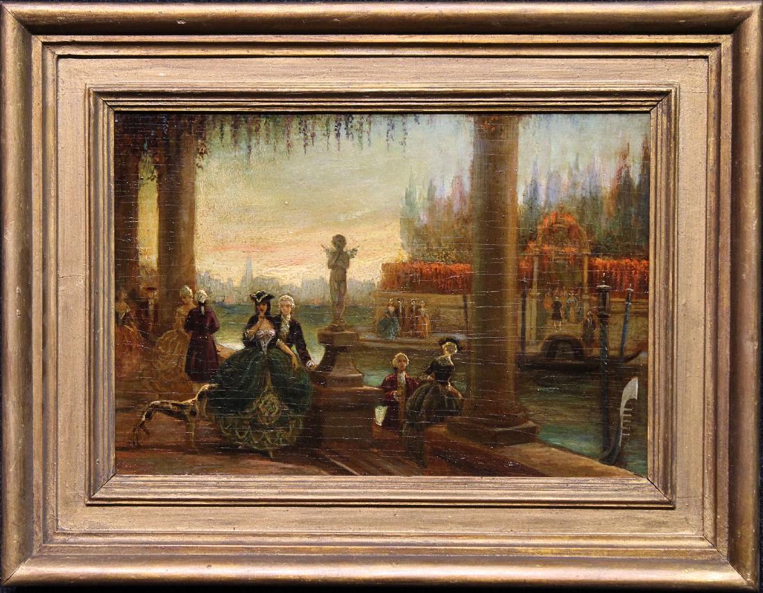 Italian School, 19th C. Venice Scene w/ Figures: Italian School, 19th century Italian painting of a procession in Venice. Oil on board. Appears to be unsigned, has not been examined out of frame. Sight size: 9.5 x 14 inches.