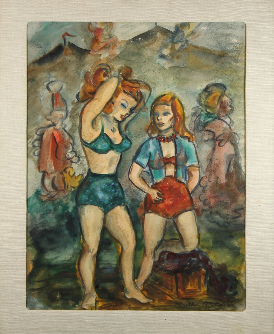 American WPA Era, "Aerialists at Rest" Signed W/C: American School WPA Era, "Aerialists at Rest" Signed Watercolor. Signed Martha Hartman lower right. Original label verso. Sight size: 17 x 13 inches.