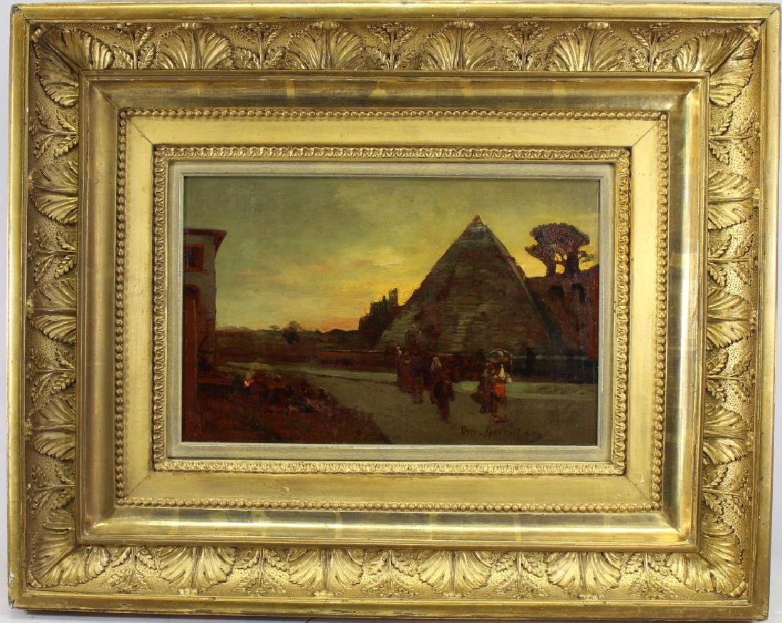 Oswald Achenbach (1827 - 1905) "Pyramids": Oswald Achenbach (1827 - 1905) Oil on board painting of figures at dusk near the pyramids. Signed lower right. Christie's label verso. Sight Size: 8.75 x 13.5 in. Overall Size: 18.5 x 23 in. He was bo
