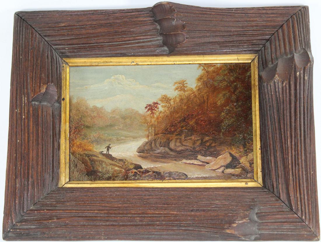 19th C. Hudson River School, Man Fishing in Stream: Late19th C. Hudson River School, Man Fishing in Stream. Oil on board. Sight Size: 5.5 x 8.5 in. Overall Size: in. Appears to be unsigned. Has not been examined out of frame. Housed in a carved wooden