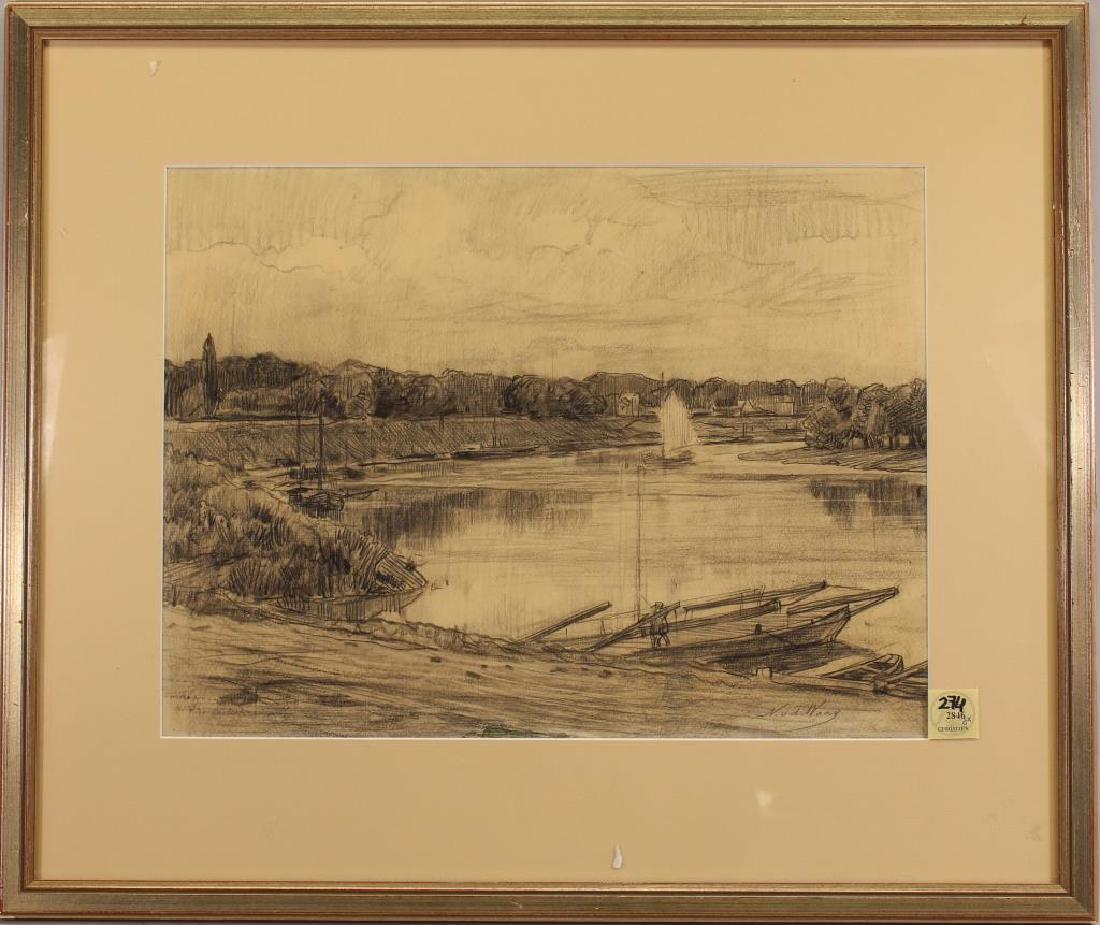 Nicolaes (Nicolaas) Van Der Waay (1855 - 1936): Nicolaes (Nicolaas) Van Der Waay (1855 - 1936) pencil drawing of a river bridge. Signed lower right. Christie's label verso. Sight Size: 12 x 15.5 in. Overall Size: 19 x 22.5 in. Framed behind glass.