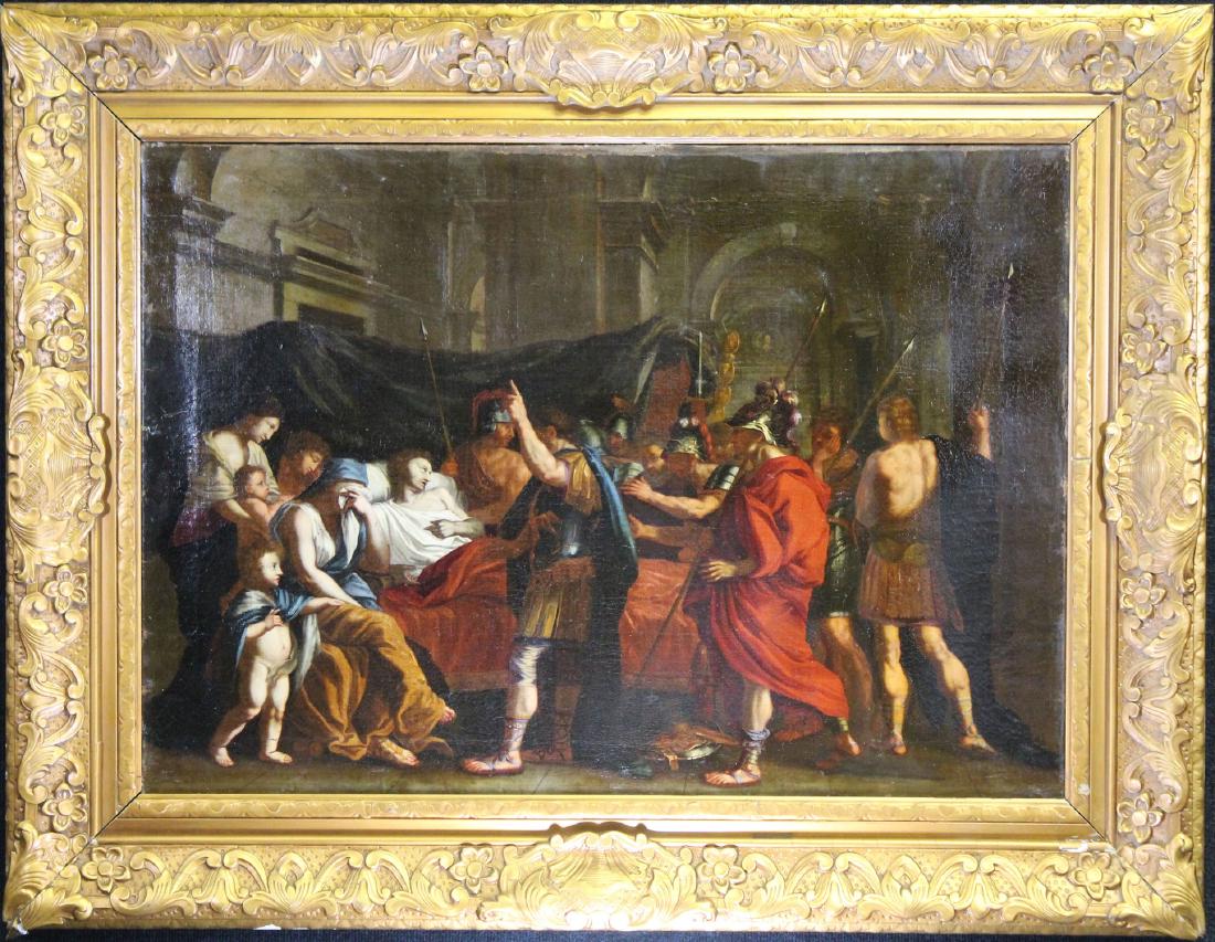 18th C. Old Master Painting, "Death of Germanicus": 18th century painting of the "The Death of Germanicus". Oil on canvas old master painting. Sight size: 26.5 x 37.5 in. Overall Size: 37.5 x 48.5 in. Appears to be unsigned.