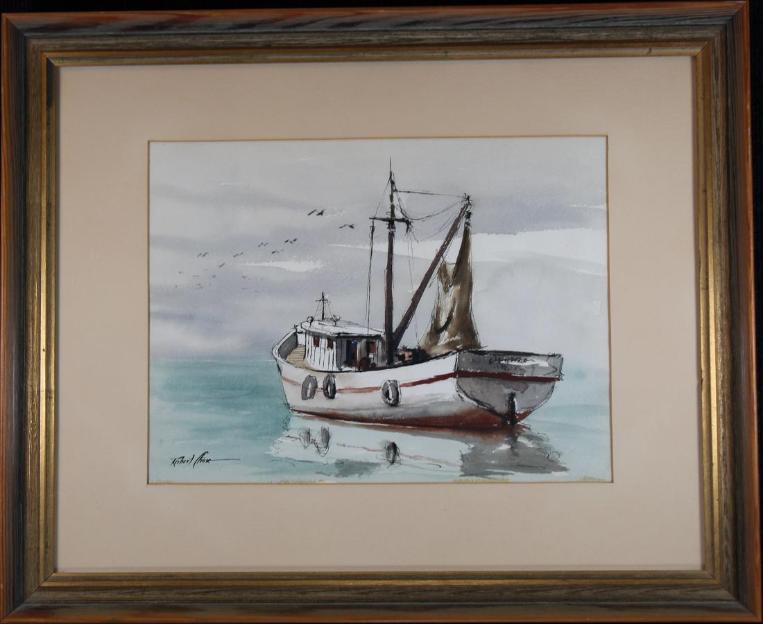 Robert Chase (Florida, Illinois, born 1919): Robert Chase (Florida, Illinois, born 1919) Watercolor of a boat. Signed lower left. In 1947 he moved to Sarasota, Florida to attend the Ringling School of Art on the GI bill and taught at the Ringlin