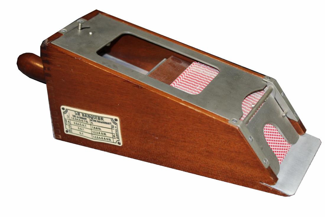 Antique French JAL Baccarat Card Dealer Shoe: Antique French J.A.L. Paris "Le Banquier" Baccarat Gambling Card Dealer Shoe. With plaque on side. Dimensions: 5 x 15 x 4.5 in.