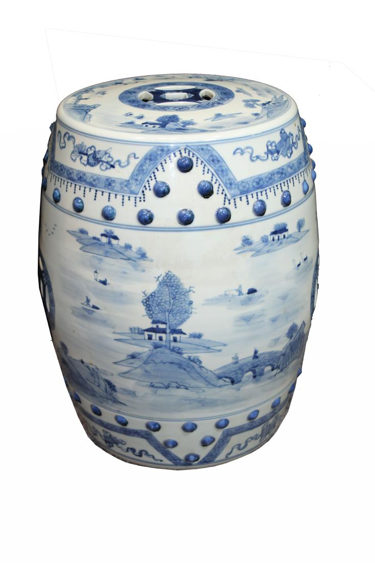 Chinese Blue & White Porcelain Garden Stool: Chinese Blue & White Porcelain Garden Stool. Height: 15 in.