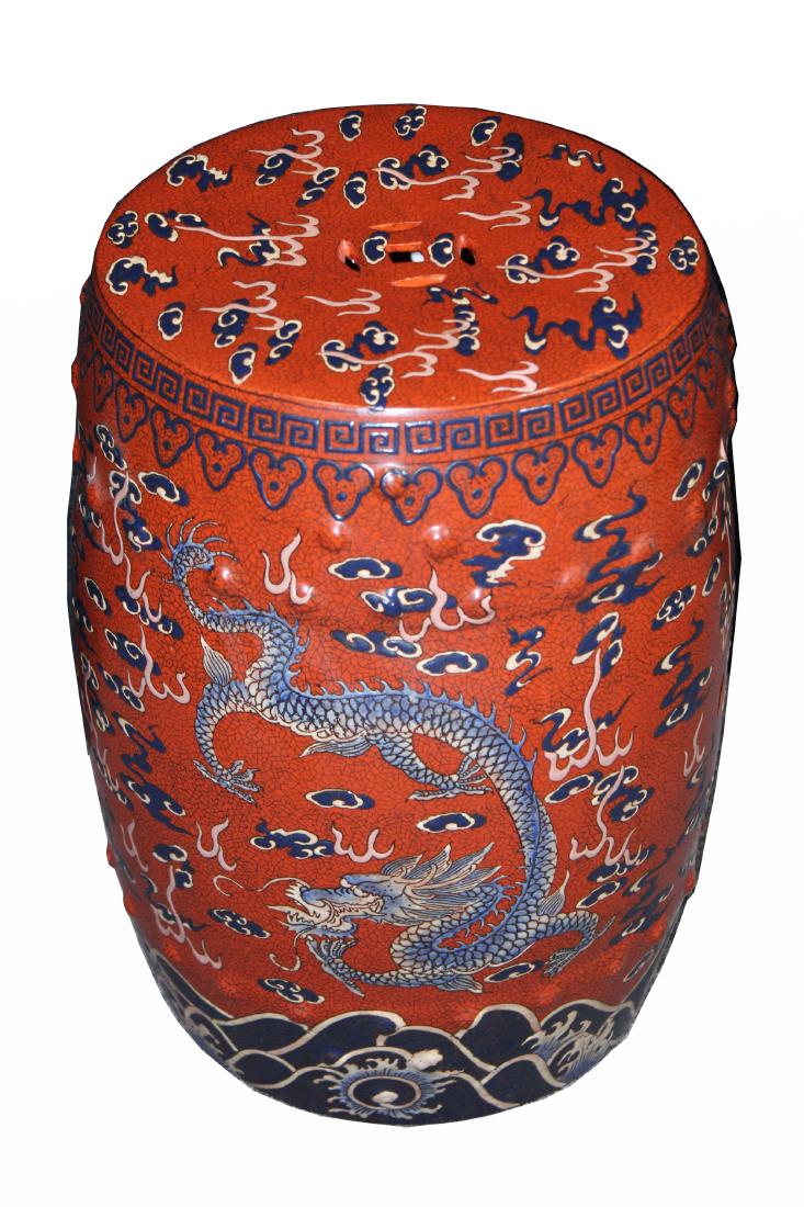 Chinese Red & Blue Dragon Garden Stool: Chinese Red & Blue Dragon Garden Stool. Height: 18 in.