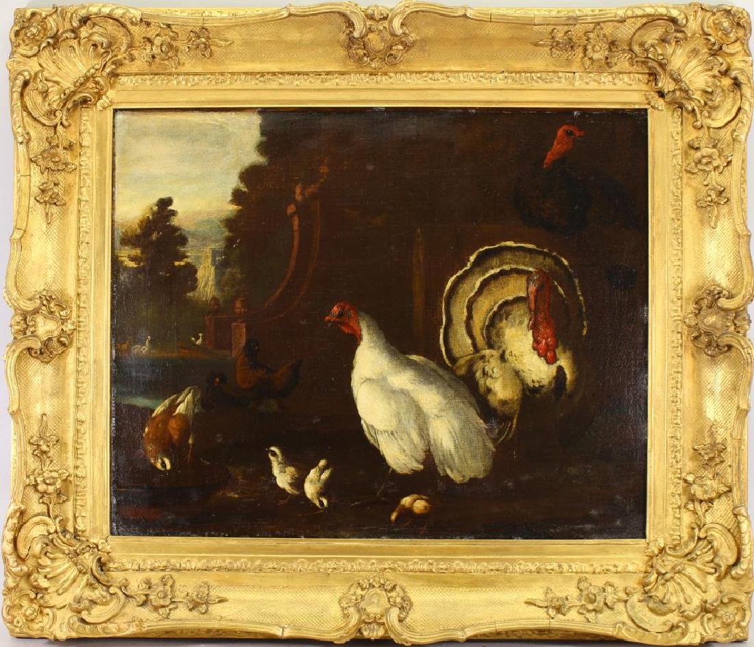 Circle of Peter Casteels III (1684 - 1749): Circle of Peter Casteels III (1684 - 1749) Oil on canvas painting of turkeys, chickens in a landscape. Sight Size: 16.5 x 20.5 in. Overall Size: 24.25 x 28.25 in.