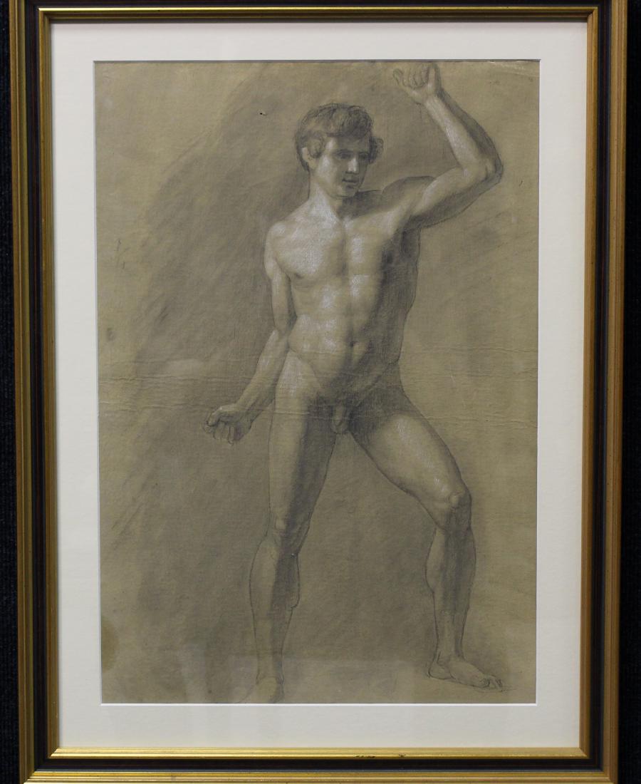 Florentine Academic Nude Charcoal Sketch: Charcoal / Gouache on Paper. Sight Size: 21 x 14.5 in. Overall Size: 26.5 x 20 in. Framed behind glass.