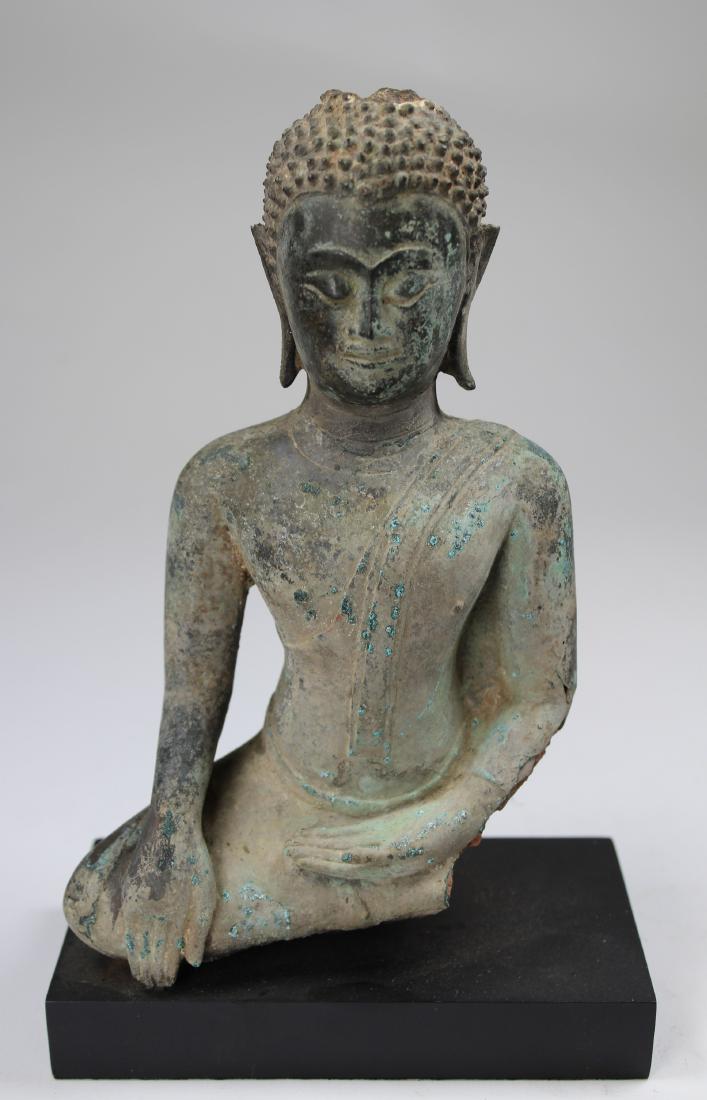 Antique Cast Theravada Buddha on Stand: Antique Cast Theravada Buddha on Stand. Thailand Ayutthaya style, bronze. Height: 8.25 inches (including base).