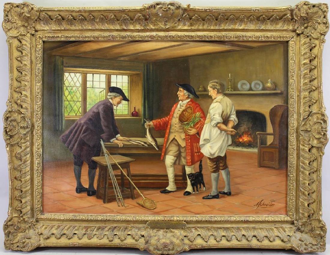Amable Schneider (France, 1824 - 1884): Amable Schneider (1824 - 1884) Gentlemen in an Interior Setting with the day's catch on the table. Signed lower right. Oil/Canvas. Sight Size: 19.25 x 27.25 in. Overall Size: 27 x 35.25 in.
