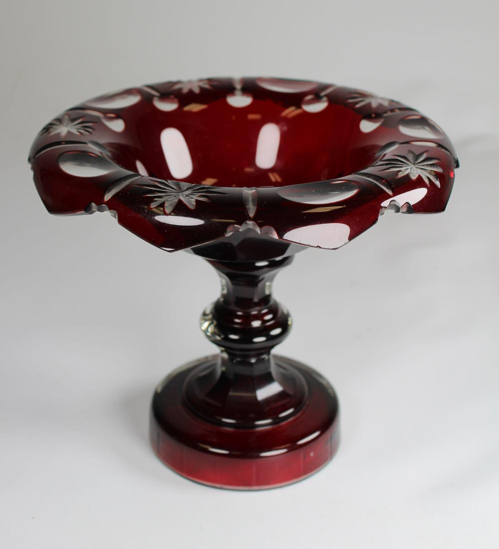 Ruby Cut-to-Clear Glass Compote: Ruby Cut-to-Clear Glass Compote. Height: 5.75 in.