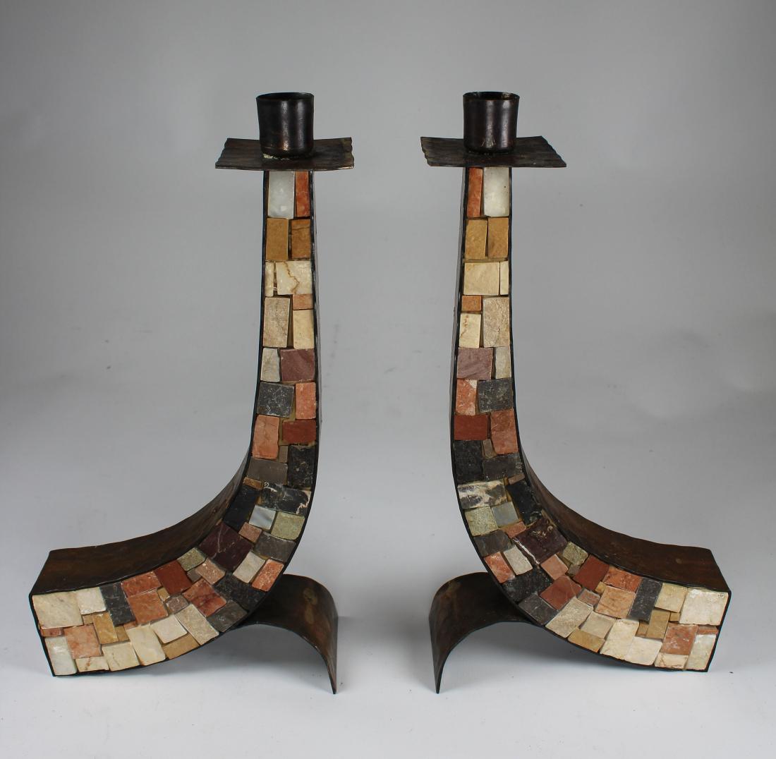 Pair of Copper & Stone Eilon Mosaics Candlesticks: Pair of Copper & Stone Eilon Mosaics Candlesticks. Label on base. Height: 10 in.
