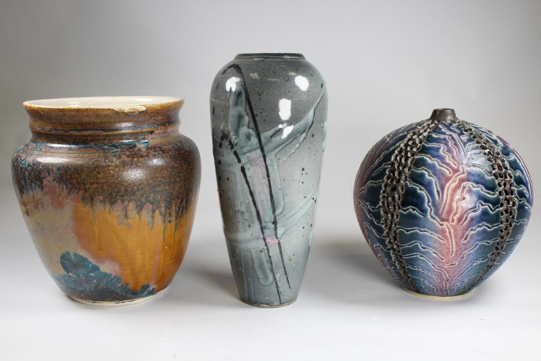 (3) Vintage Art Pottery Vases: (3) Vintage Art Pottery Vases. (2) signed on base. Tallest Height: 9 in.