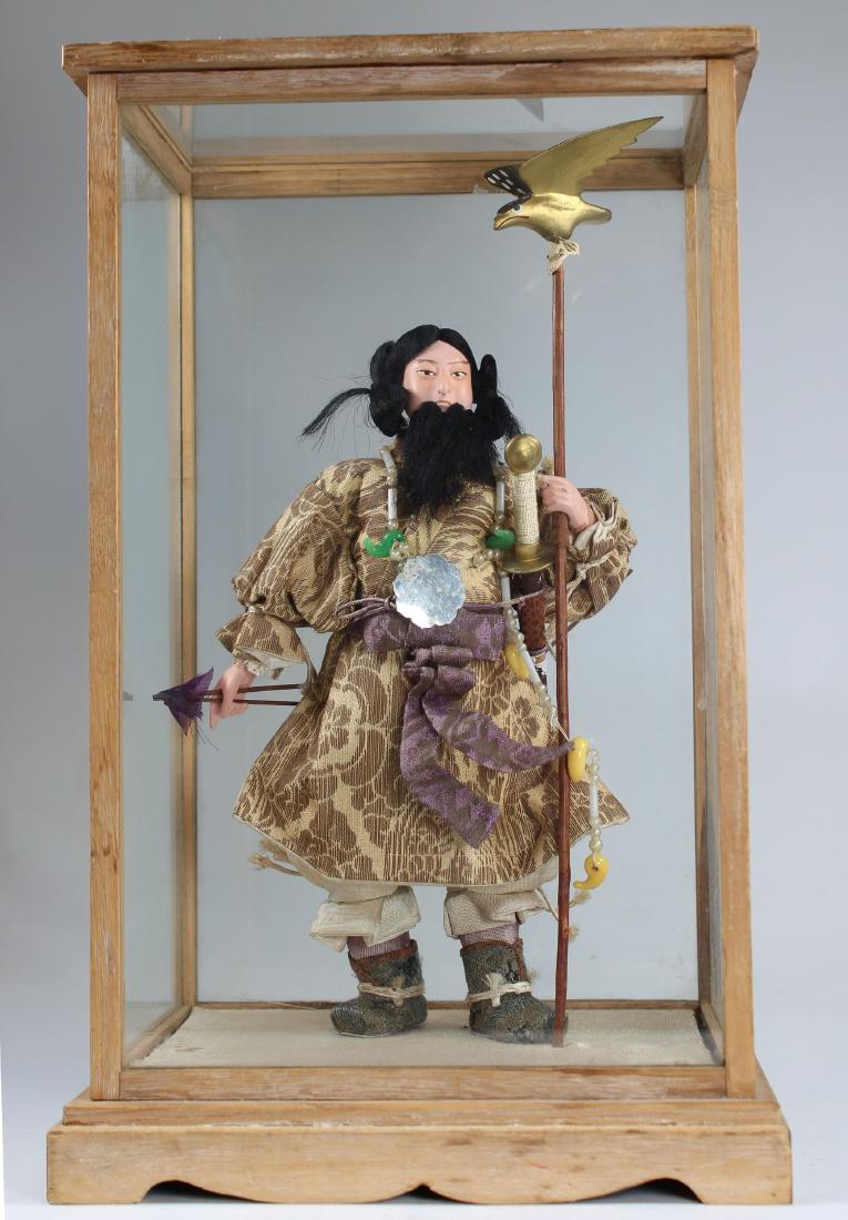 Japanese Samurai Doll in Glass Display Case: Japanese Samurai Doll in Glass Display Case. Case Dimensions: 12 in.