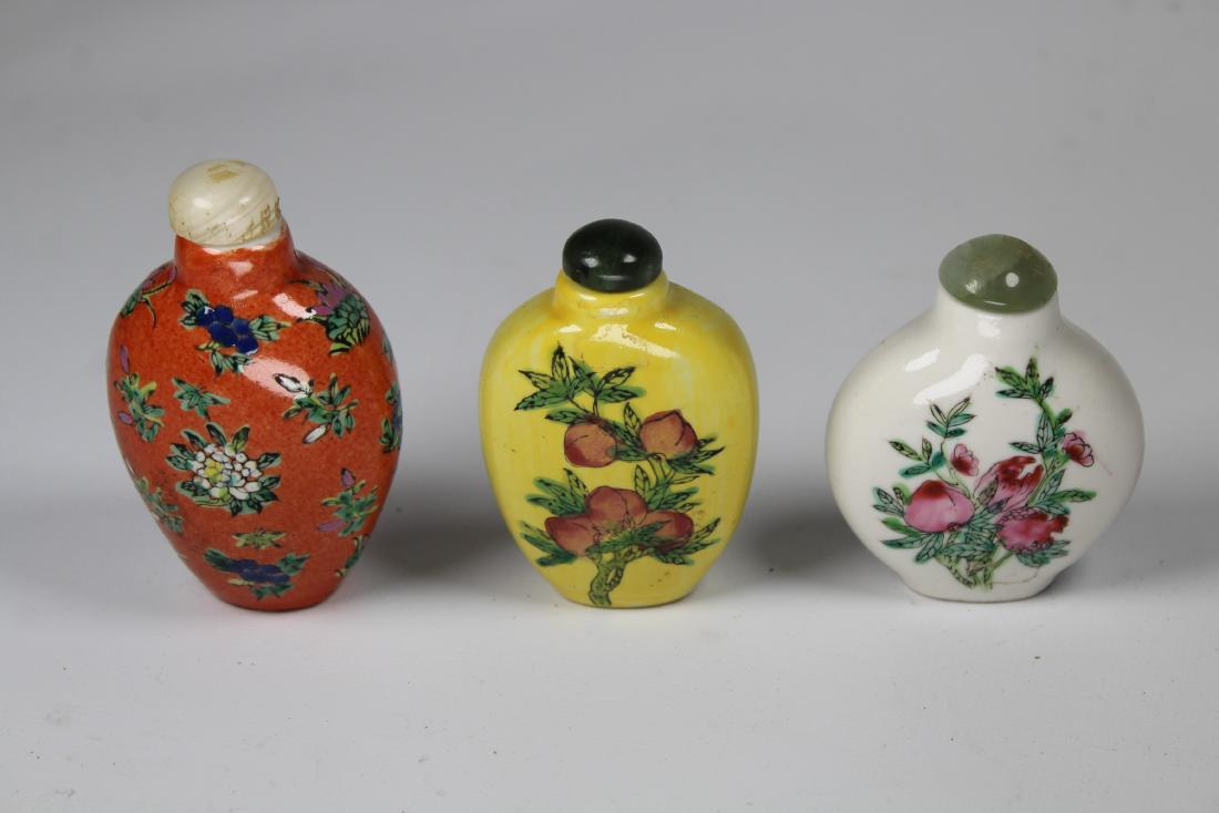 (3) Chinese Porcelain Snuff Bottles, Signed: (3) Chinese Porcelain Snuff Bottles, Two with 3 character calligraphy mark and one with 4 character mark on bottom.