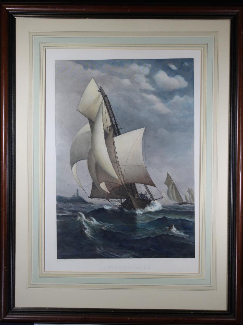 "A Winning Yacht", Framed Colored Engraving: "A Winning Yacht", Framed Colored Engraving. Titled in lower center portion. Sight Size: 27 x 19 in. Overall Size: 39.25 x 30 in. Framed behind glass.
