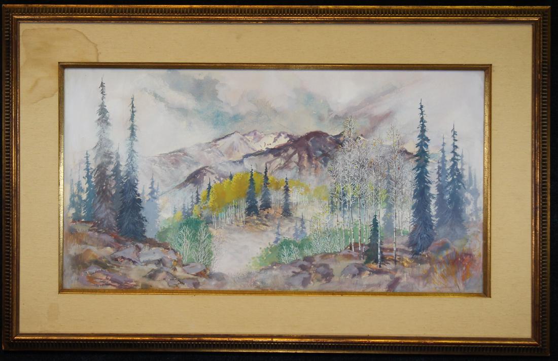 Sam Smith (New Mexico, born 1918): Sam Smith (New Mexico, born 1918) Landscape watercolor of a western American mountain scene. Signed lower right. Sight Size: 15.5 x 29.5 in. Overall Size: 24.5 x 38.5 in. Framed behind acrylic. 15