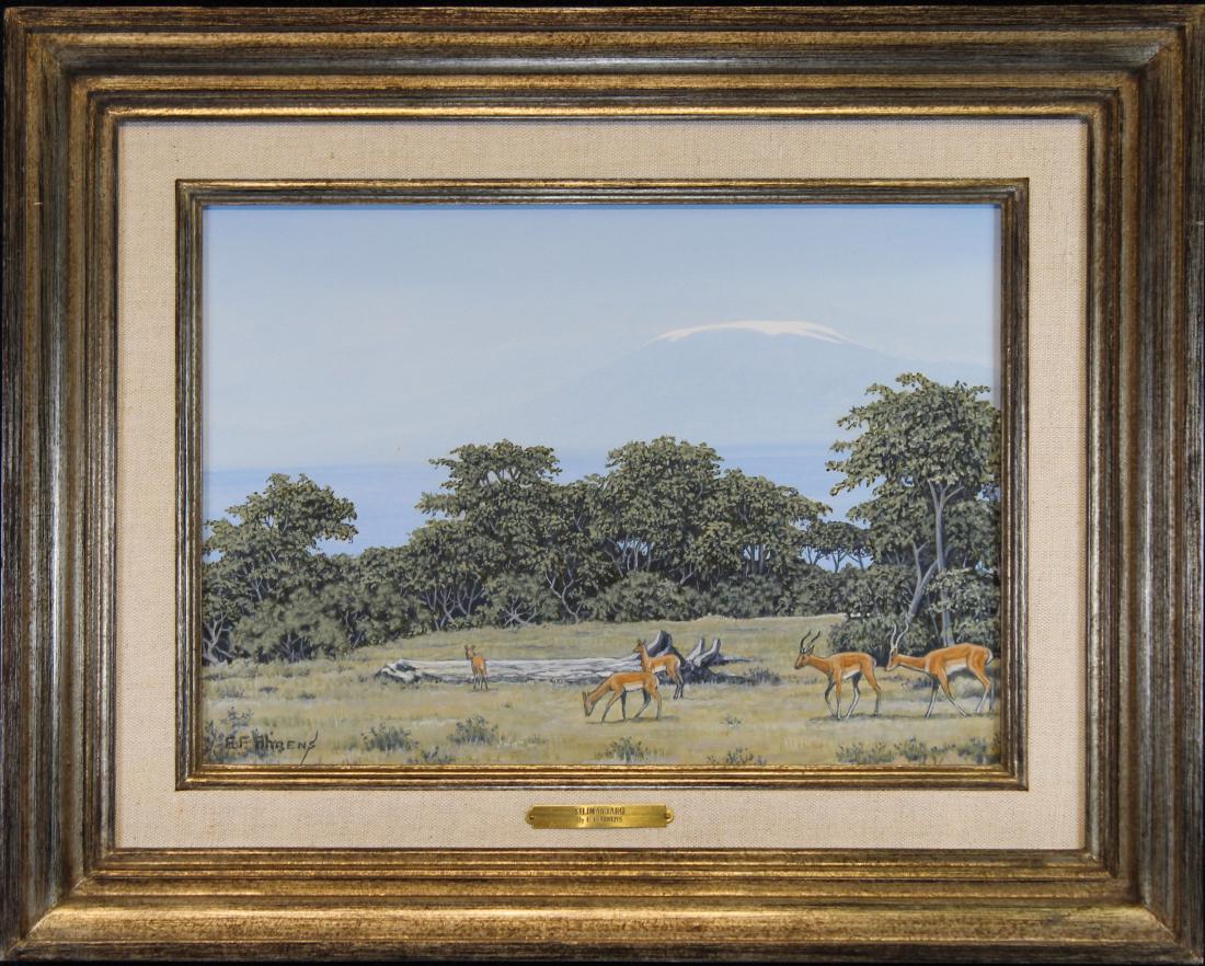 Edward Ahrens (1922 - 2014) "Kilimanjaro": Edward Ahrens (1922 - 2014) "Kilimanjaro" Oil on canvas painting. Signed lower left. Oil on canvas. Sight Size: 9.5 x 13.25 in. Overall Size: 16 x 20 in. 18