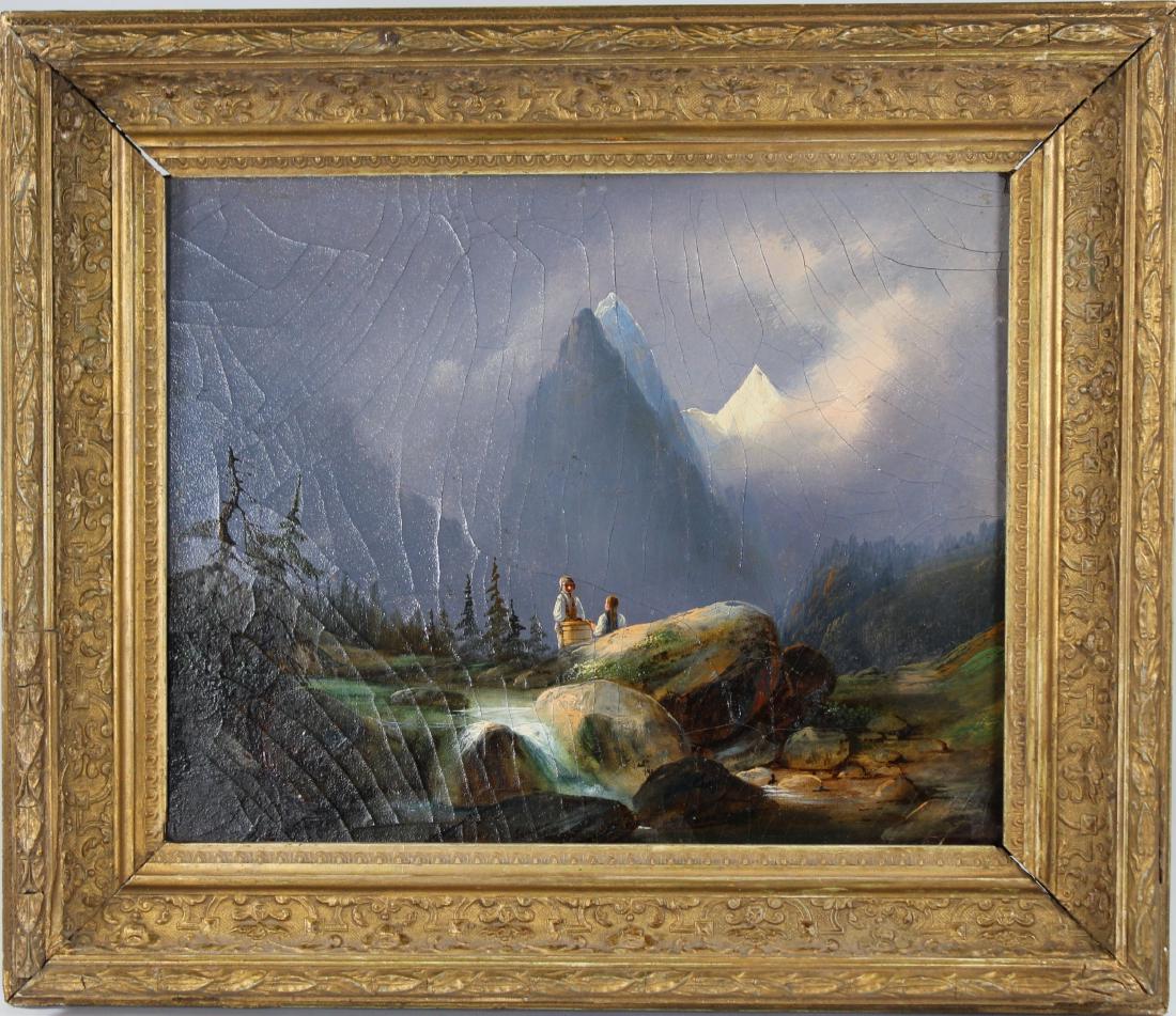Signed, 19th C. Mountainous Landscape w/ Figures: Signed, 19th C. Mountainous Landscape w/ Figures. Oil on canvas laid on board. Signed indistincly lower center. Sight size: 9 x 12 inches. Housed in a gilt frame.