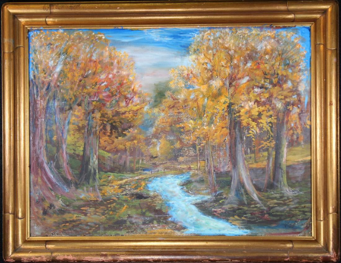 American School, 20th C. Autumnal River Landscape: American School, 20th C. Autumnal River Landscape. Oil on canvas. Appears to be unsigned. Sight size: 22.5 x 31 inches.