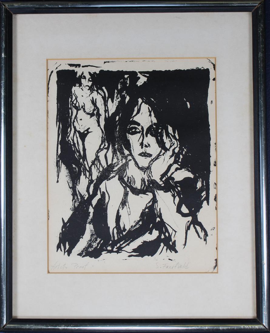 S. Freifield 'Artist Proof' Woodblock: S. Freifield 'Artist Proof' Woodblock. 'Artist Proof' lower left. Signed lower right. Sight Size: 9.75 x 7.5 in. Overall Size: 15 x 12.25 in. Framed behind glass.