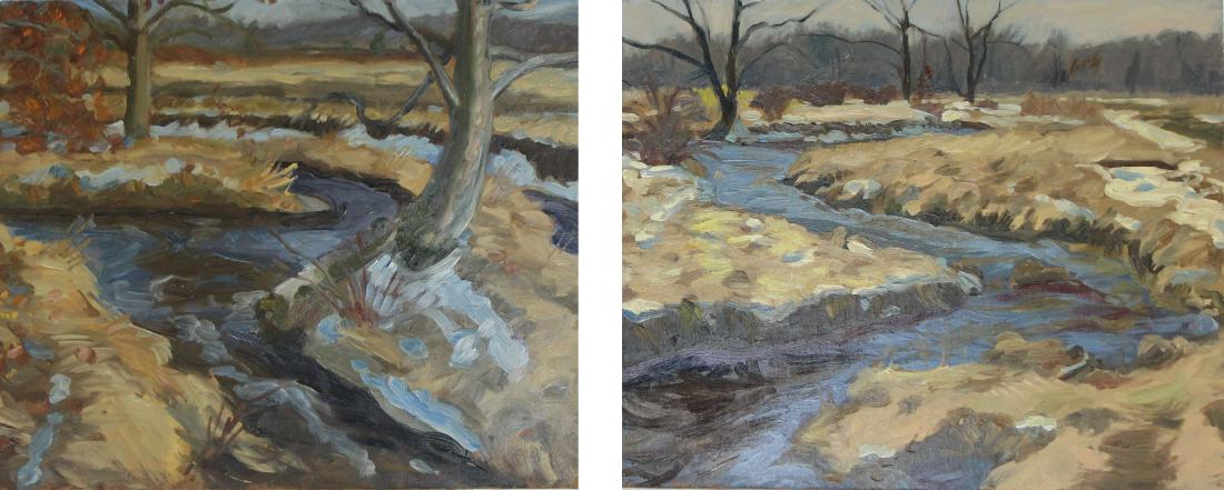 (2) Impressionist River landscapes, Signed: (2) Impressionist River landscapes, Signed indistinctly verso. Oil on board. Size: 9.75 x 12 inches.