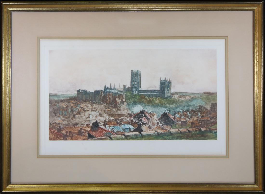 Colored Etching of Durham Cathedral: Sight Size: 9.75 x 18 in. Overall Size: 21 x 28.5 in. Framed behind glass.