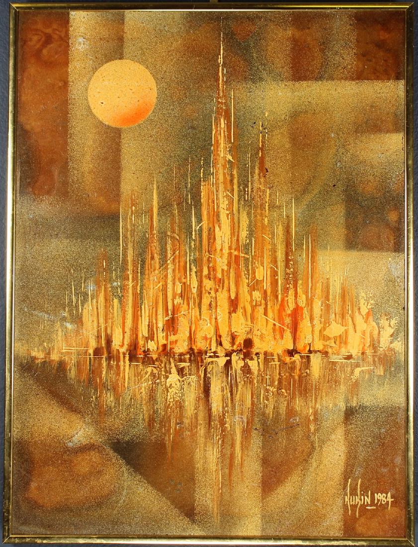 Rick Rubin, Mid Century Modern Style Cityscape: Rick Rubin, Mid Century Modern Style Cityscape. Oil on board. Inscribed verso. Signed and dated lower right. Overall framed size: 16.2 x 12.2 in.