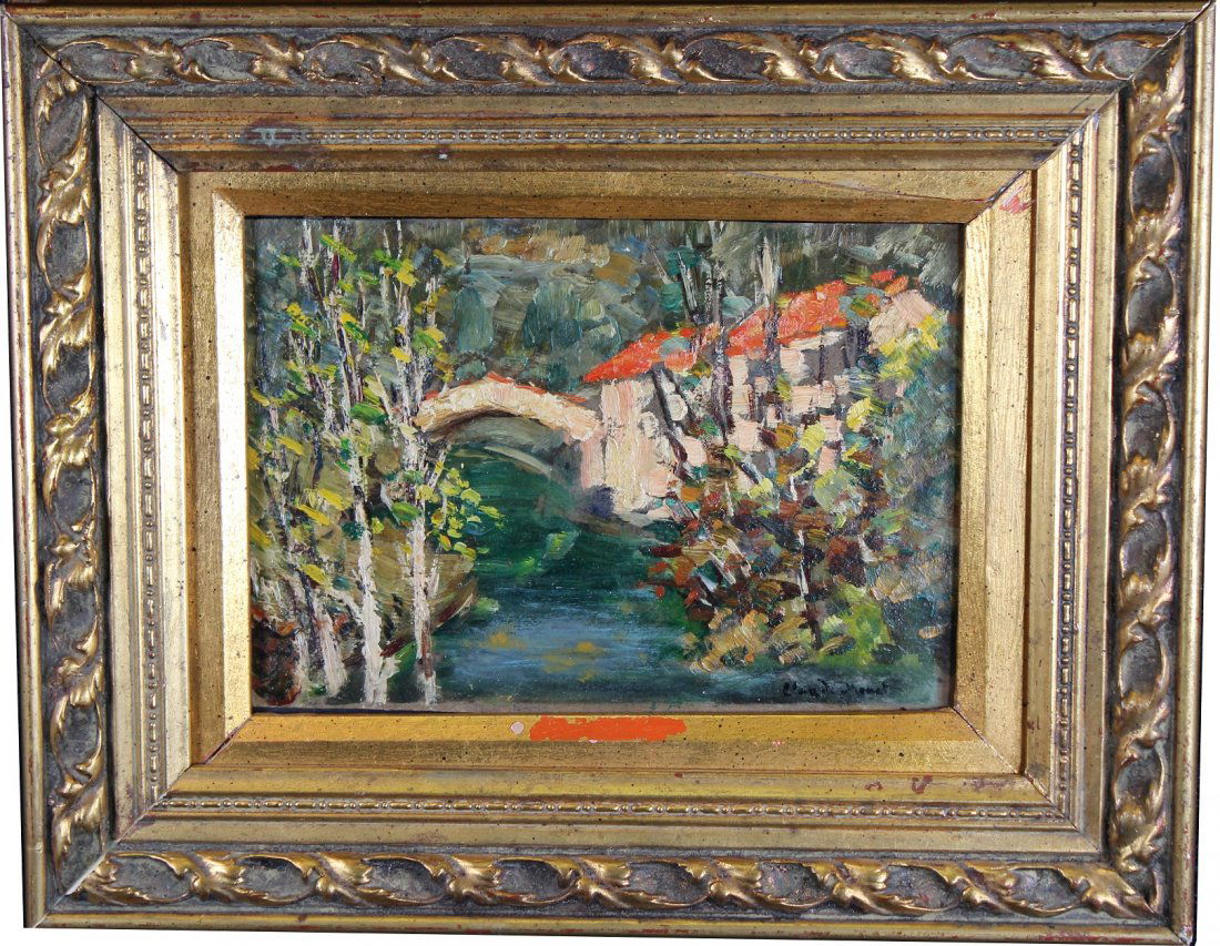 European School, Signed 'Monet' Impressionist Ptg: European School, Signed 'Monet' Impressionist Landscape Painting. Oil on Board. Signed lower right. Provenance: Private Florida Collection. After Claude Monet. Sight size: 5.5 x 8.5 inches.