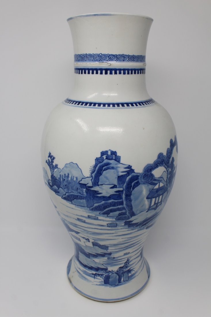 Large Antique Chinese Blue/White Porcelain Vase: Large Antique Chinese Blue/White Porcelain Vase. With hand painted depiction of a scholar in a pavilion surrounding the exterior. Double blue Ring Mark on bottom of vase. Height: 17.5 inches.