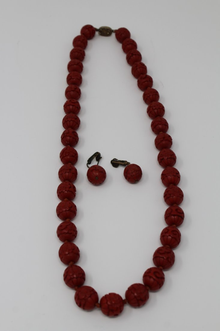 Chinese Cinnabar Necklace and Earrings.: Chinese Cinnabar Necklace and Earrings.