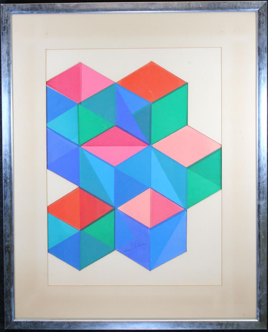Vintage, Claire Miller Op-Art Mixed Media: Vintage Claire Miller Op-Art Mixed Media. Signed lower center. Titled "Tea Boxes" verso. Sight Size: 22.75 x 16.75 in. Overall Size: 31.5 x 25.5 in. Framed behind glass.