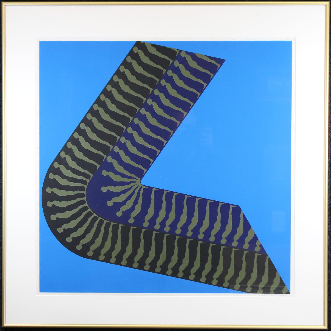 Ernest Tino Trova (American, 1927-2009): Ernest Tino Trova (American, 1927-2009) Op-Art Silkscreen. Blue Men in Motion. Pencil signed and dated ('67) lower right. Also numbered (43-75) lower right. Image Size: 23 x 23 in. Overall Size: 30 x