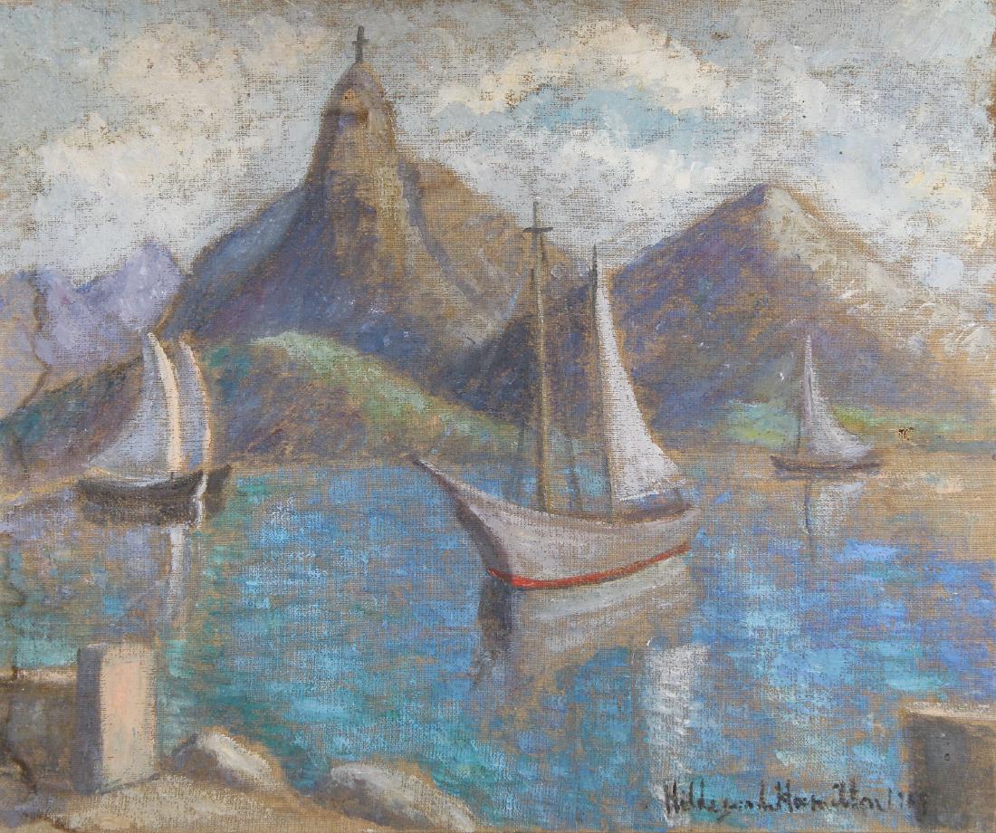 Hildegarde Hume Hamilton (1898 - 1970): Hildegarde Hume Hamilton (Florida, Virginia, 1898 - 1970) Coastal Painting with Sailboats. Signed and dated lower right. Oil on canvas. Puncture near sailboat along right hand side. Slight water damag