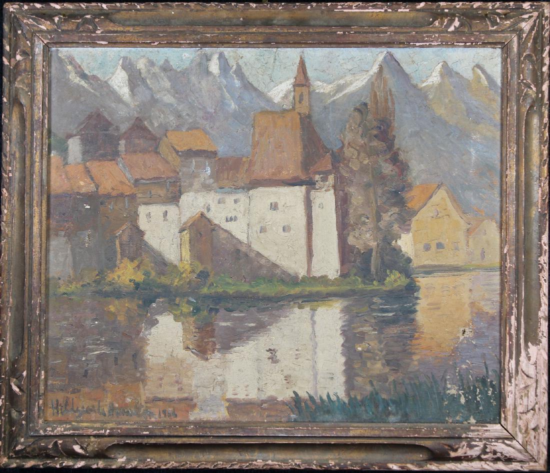Hildegarde Hume Hamilton (1898 - 1970): Hildegarde Hume Hamilton (1898 - 1970) Coastal Painting with Snow-capped mountinas in the background. Oil on canvas. Signed and dated lower left. Sight size: 14.5 x 17.5 in. Overall Size: 18.25 x 21.2