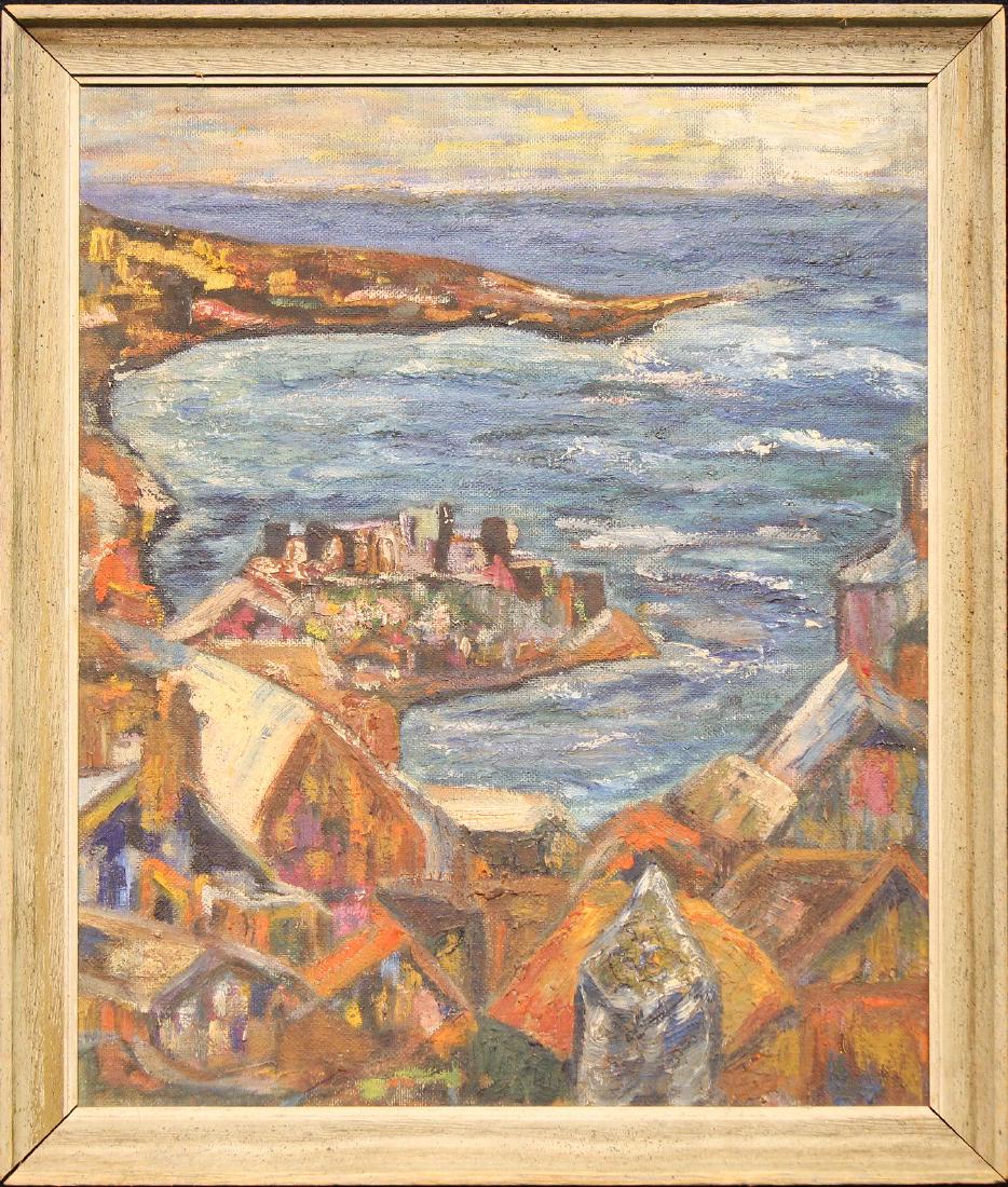 American School, 20th C. Painting of Belmont CA: American School 20th C. Painting of Belmont California. Inscribed verso. Oil on board. Sight Size: 23.5 x 19.5 in. Overall Size: 27 x 23 in.