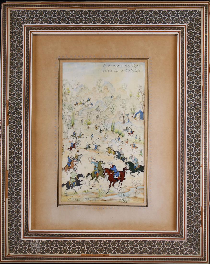 Signed, Antique Mughal Battle Scene Painting: Signed, Antique Mughal Battle Scene Painting on Bone. Signed upper right and lower left. Housed in Khatam marquetry frame. Image size: 7.75 x 4.5 in. Overall Size: 14.5 x 11.5 in. Framed behind glass.