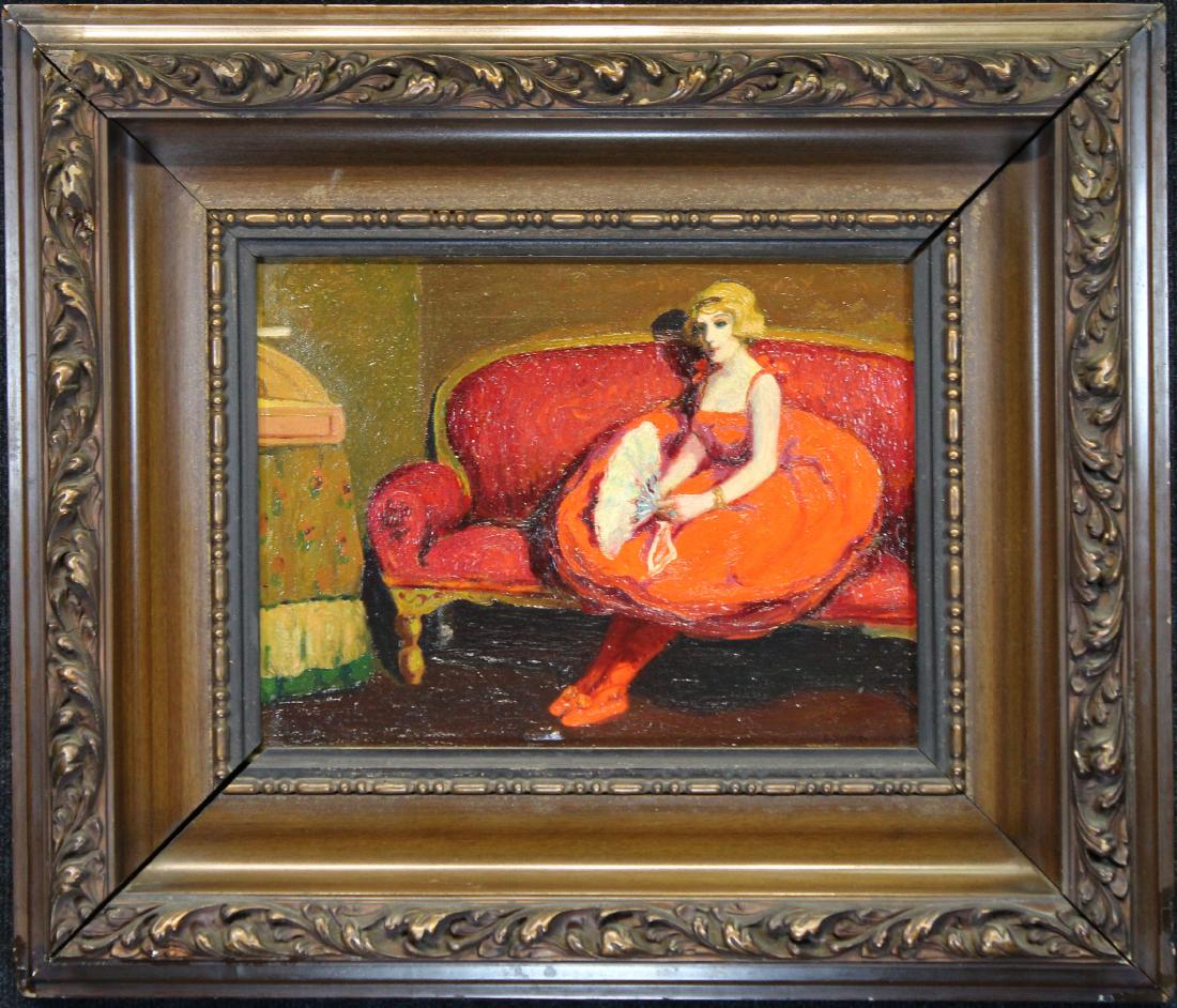 Eduardo Soria (Spanish 1890-1945): Eduardo Soria (Spanish 1890-1945) "Beauty in Red" Oil on Canvas. Painting depicting an elegant young woman in an interior setting. Signed lower right. Sight Size: 11 x 14.5 in. Overall Size: 22.25 x 2