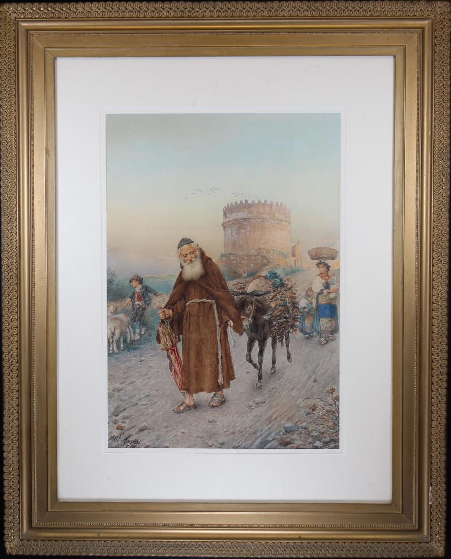 Ettore Ascenzi (Italy, 19th C.): Ettore Ascenzi (Italy, 19th C.) Watercolor of a Monk trailed by a donkey, leading one woman and two children on a pathway. Signed and dated lower left. Scan of gallery label verso. Sight Size: 19.25 x